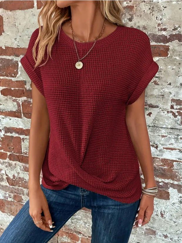 Damska Letnia Bluzka Modina z Krótkim Rękawem i Okrągłym Dekoltem wykonana z Lekkiej Tkaniny Summer Shirt Women Warschau Fashion Czerwony Xs
