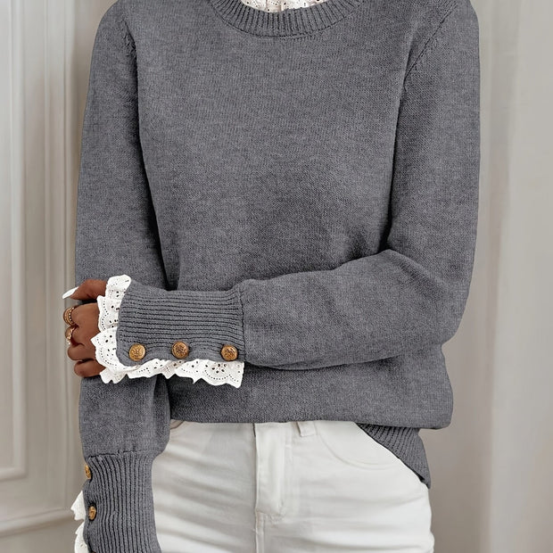 Elara's Chic: Sweter "Ravenna" z Falbankami i Zapięciem na Guziki – Rozcięty Bok, Długie Rękawy, Idealny na Jesień/Zimę Warschau Fashion Ciemnoszary Xs