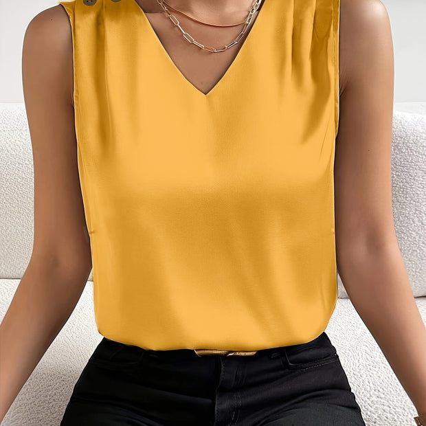 Gładki Top z Dekoltem w Serek Bez Rękawów | Letni Elegancki Top z Guzikami Warschau Fashion Żółty S