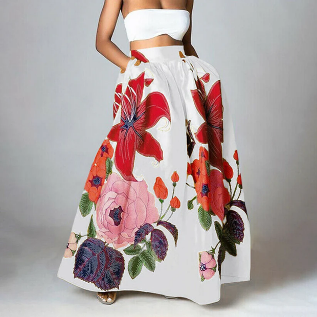 Stylowa maxi spódnica w kwiaty z wysokim stanem dla kobiet Women Skirt Warschau Fashion Biały S