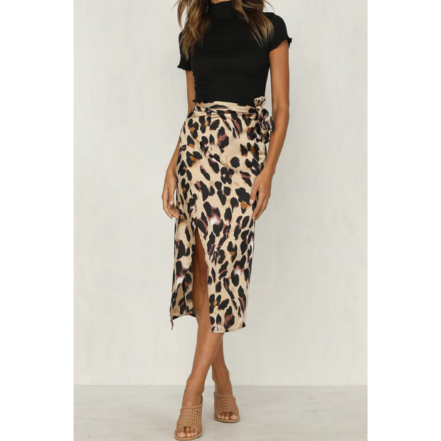 Letnia Midi Spódnica w Panterkę z Rozcięciem dla Kobiet Women Skirt Warschau Fashion Brązowy S