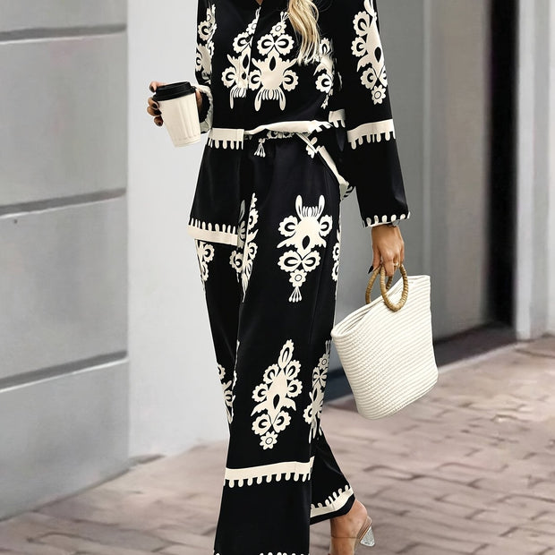 Mariscas Elegancja Dwuczęściowy Zestaw: Strój Casualowy z Wzorem Roślinnym, Długie Rękawy i Kołnierz w Stylu Marynarki Warschau Fashion Czarny S