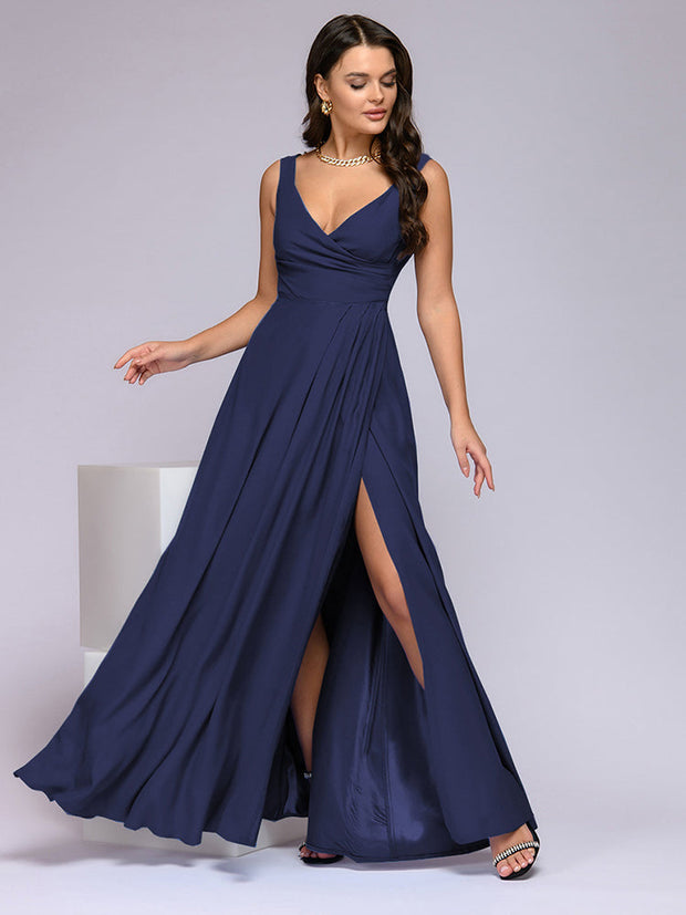 Alicia | Elegancka Suknia Maxi z Głębokim Dekoltem V i Rozcięciem Warschau Fashion Niebieski S