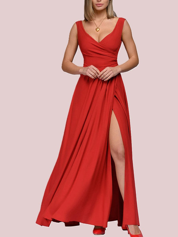 Alicia | Elegancka Suknia Maxi z Głębokim Dekoltem V i Rozcięciem Warschau Fashion Czerwony M