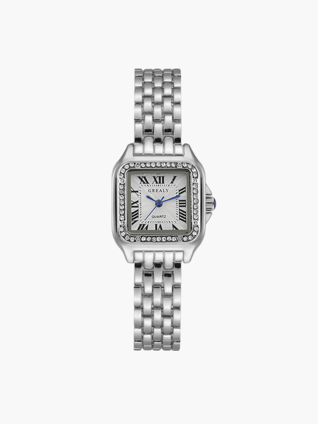 Charina – Elegante Premium Kwadransowy Zegarek Quartzowy watch Warschau Fashion Srebro z kamieniami cyrkonii