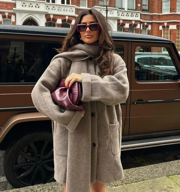 LD | Luźny Sweterkowy Płaszcz z Szalem Warschau Fashion XS