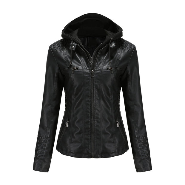 BARBARA - Elegancka skórzana kurtka na wiosnę Women Jacket Hoodie Fall Warschau Fashion Czarny S