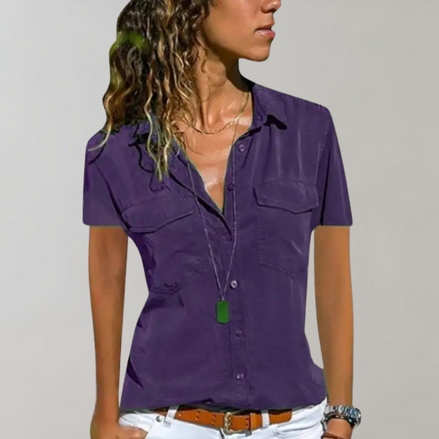 Aurora - Letnia bluzka damska z krótkim rękawem Women Shirt Blouse All-year Warschau Fashion Fioletowy S