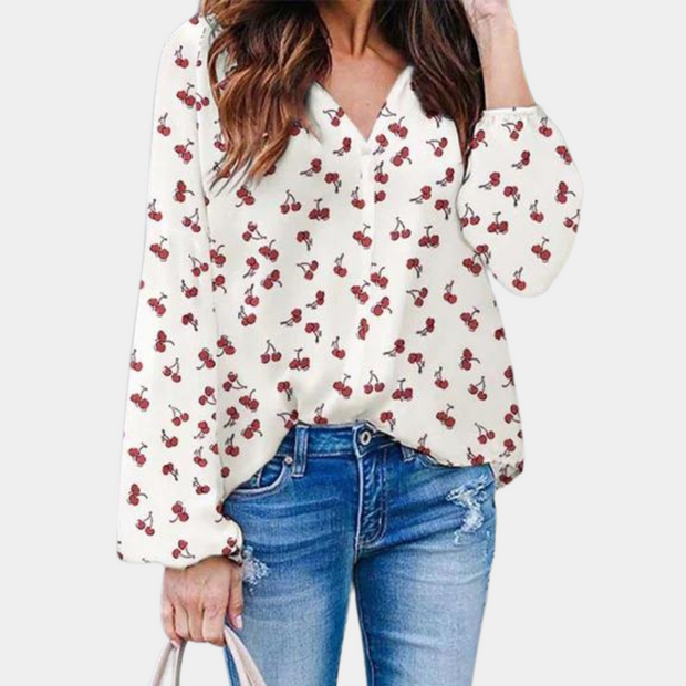 Auizia - Letnia bluzka damska z modnym nadrukiem wiśni Women Blouse Peasant Spring Warschau Fashion Biały S