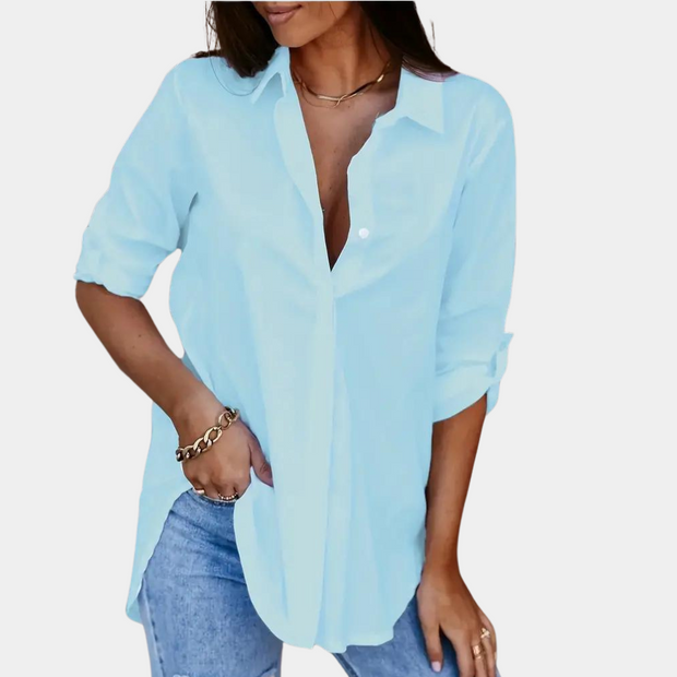Damska Bluzka "Elegancka Aura" z Długimi Rękawami, Kołnierzem i Zapięciem na Guziki Women Shirts & Blouses Warschau Fashion Jasnoniebieski Xl