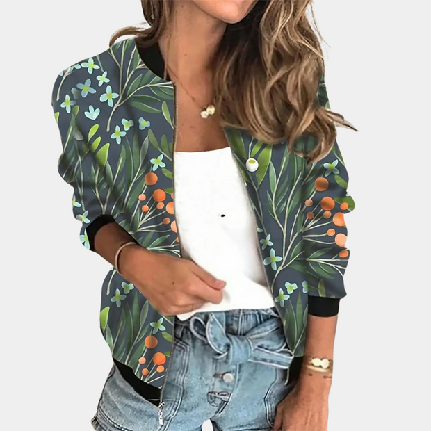 Stylowa wiosenna kurtka damska z nadrukiem Women Jacket Bomber Fall Warschau Fashion Zielony-wzorzysty XS