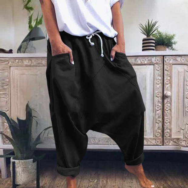 Damskie Letnie Spodnie Haremki z Sznurkiem i Kieszeniami Pants Women Warschau Fashion Czarny S