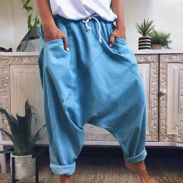 Damskie Letnie Spodnie Haremki z Sznurkiem i Kieszeniami Pants Women Warschau Fashion Niebieski S
