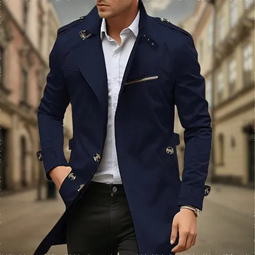 Cayseon | Męski Dwurzędowy Trench Coat Men Coat Warschau Fashion Ciemny Niebieski M