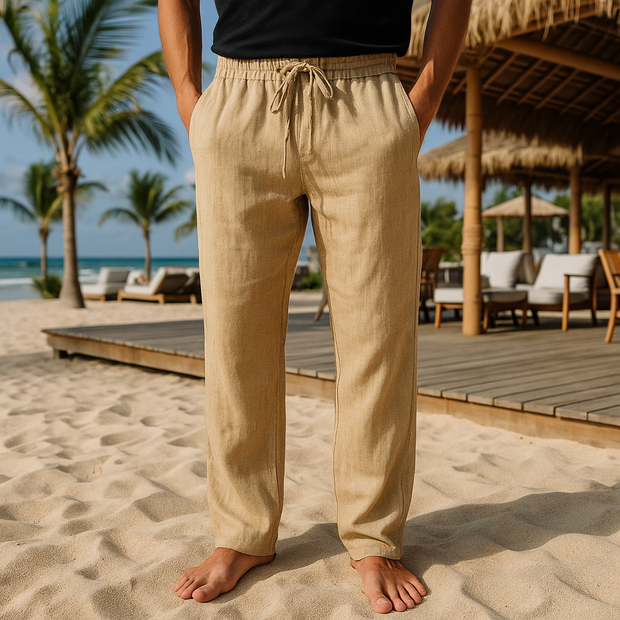 Letnie lniane spodnie męskie z troczkiem Men Pants Warschau Fashion