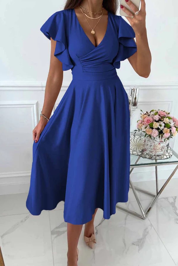 Clarisse | Elegancka Sukienka Midi z Rękawami Motylkowymi Warschau Fashion Niebieski L