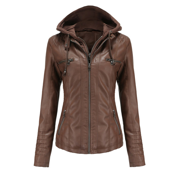 BARBARA - Elegancka skórzana kurtka na wiosnę Women Jacket Hoodie Fall Warschau Fashion Kawa S