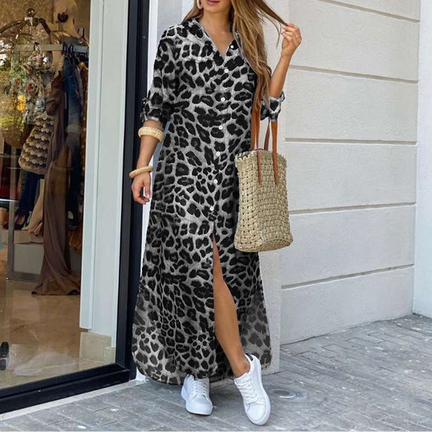 Darcy | Vintage Leopardia Maxi Sukienka z Długimi Rękawami Warschau Fashion Szary S