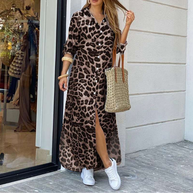 Darcy | Vintage Leopardia Maxi Sukienka z Długimi Rękawami Warschau Fashion Khaki S