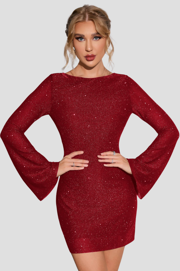 ALIX | Elegancka Sukienka Błyszcząca dla Kobiet z Długimi Rękawami i Odkrytymi Plecami - Stylowa, Efektowna i Nieodparta Warschau Fashion Czerwony S