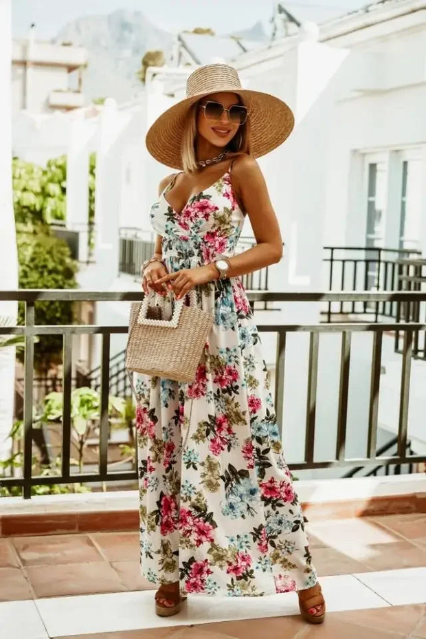 Genewa | Elegancka Suknia Maxi z Wyrafinowanym Wzorem Warschau Fashion Biały S