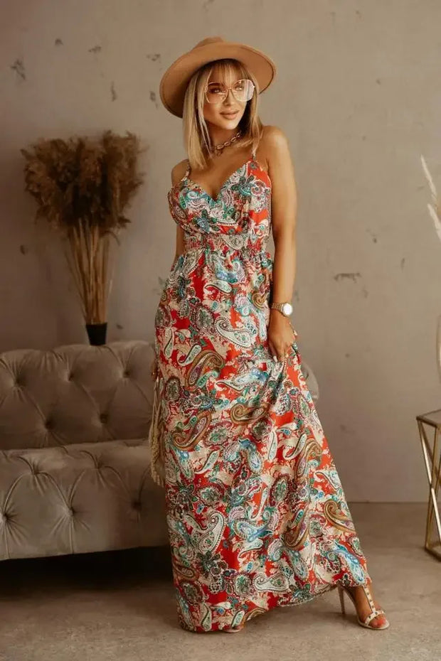 Genewa | Elegancka Suknia Maxi z Wyrafinowanym Wzorem Warschau Fashion Pomarańczowy S