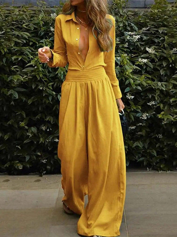 Kombinezon Damski "SpringFlex" z Zapięciem na Guziki i Elastycznym Pasem, Idealny na Wiosnę/Lato Warschau Fashion Żółty S