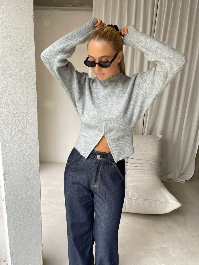 LAURA | Swobodny Sweter Damski SplitZip - Wygodny & Elegancki Warschau Fashion Szary (jeszcze 6 dostępnych) One size