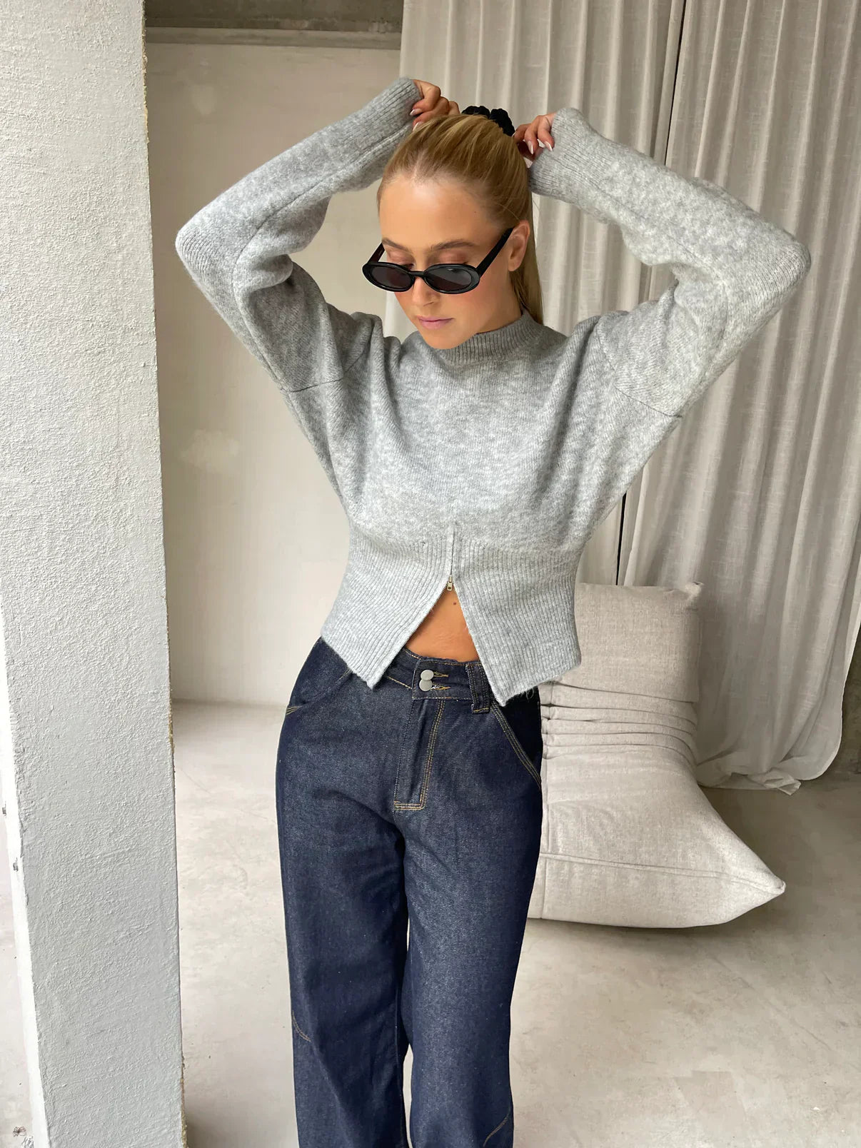 LAURA | Swobodny Sweter Damski SplitZip - Wygodny & Elegancki Warschau Fashion Szary (jeszcze 6 dostępnych) One size