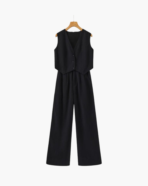 Elegancka Pani - Dwuczęściowy Zestaw z Lnu Warschau Fashion Czarny S