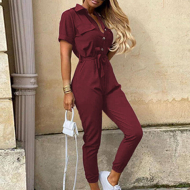 Kombinezon damski z krótkimi rękawami i paskiem Women Jumpsuit Warschau Fashion Czerwony S