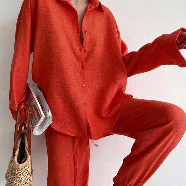 Jexel | Zestaw z lnianą koszulą i szerokimi spodniami Linique Co-Ord Set Women Warschau Fashion S Pomarańczowy