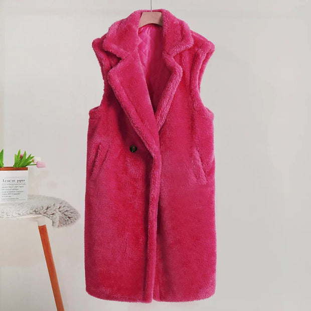 Bezramienny ciepły płaszcz damski Teddy Women Coat Warschau Fashion Różowy S