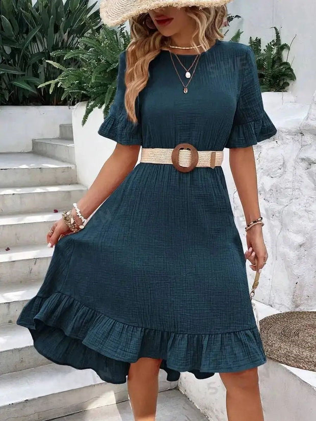 Maya | Elegancka Sukienka Codzienna o Nazwie "CasuElegante" z Krótkimi Rękawami Warschau Fashion Niebieski M