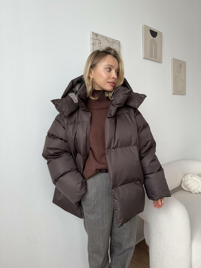 Damska Pikowana Kurtka Zimowa Women Jacket Warschau Fashion Brązowy S