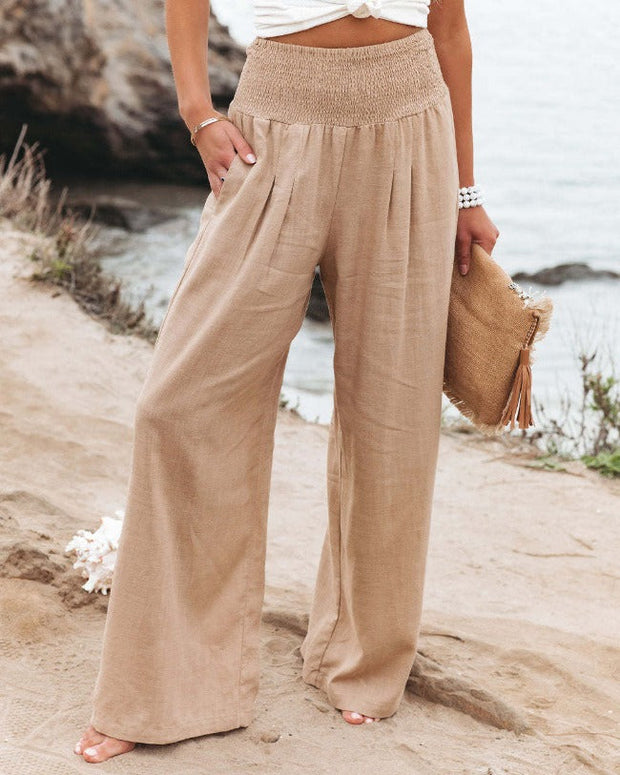 Sabine | Bawełno-Lniowa Spodnie Wysoki Stan Elegancja Warschau Fashion Khaki S