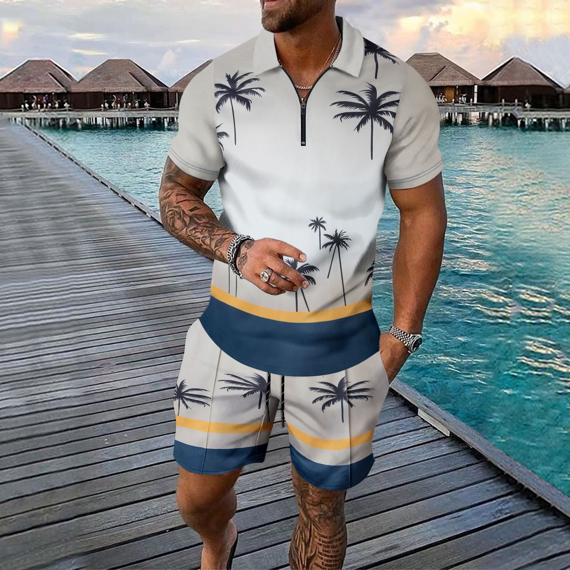 Męski zestaw sportowy – Slim Fit – Oddychający materiał – Zamek błyskawiczny przy kołnierzu – Tropikalny wzór