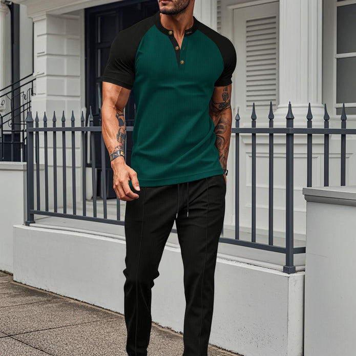 Męska koszula krótki rękaw – Slim Fit – Oddychająca – Raglanowe rękawy – Zapięcie na guziki