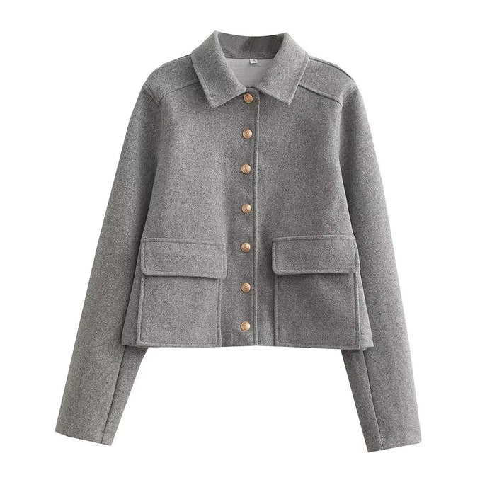 Damska Kurtka Bomber Krótka z Teksturowanym Kołnierzem, Guzikowym Zapięciem i Długimi Rękawami Bomber Jackets Warschau Fashion Szary S
