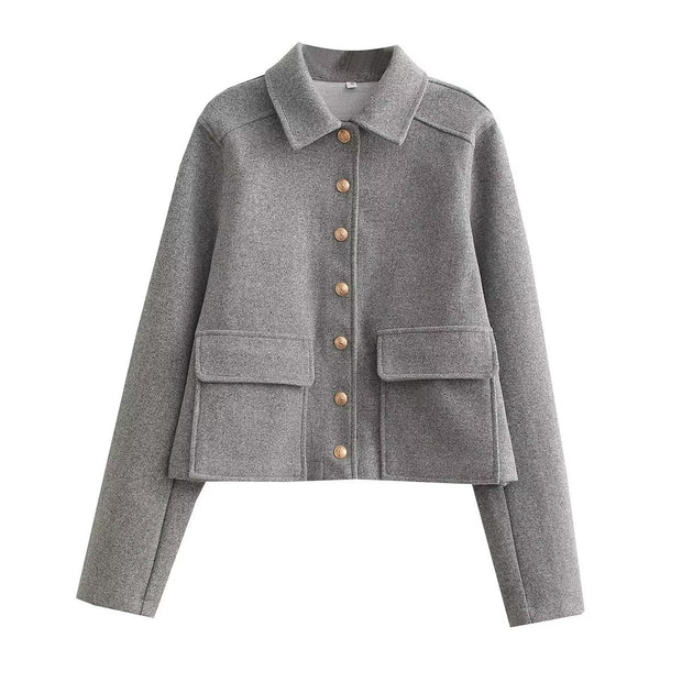 Damska Kurtka Bomber Krótka z Teksturowanym Kołnierzem, Guzikowym Zapięciem i Długimi Rękawami Bomber Jackets Warschau Fashion Szary S
