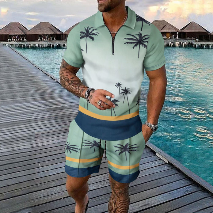 Męski zestaw sportowy – Slim Fit – Oddychający materiał – Zamek błyskawiczny przy kołnierzu – Tropikalny wzór