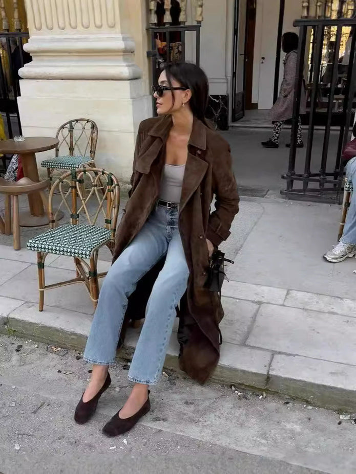 Stylowy Długi Płaszcz Zamszowy Camilla Trench Coat Women Warschau Fashion
