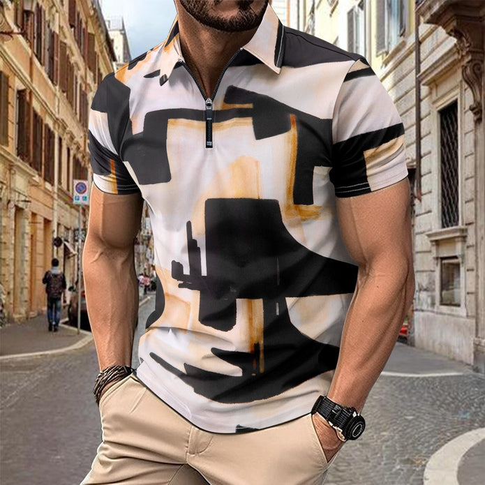 Męska koszula krótki rękaw – Slim Fit – Oddychająca bawełniana mieszanka – Kołnierz z nadrukiem na zamek