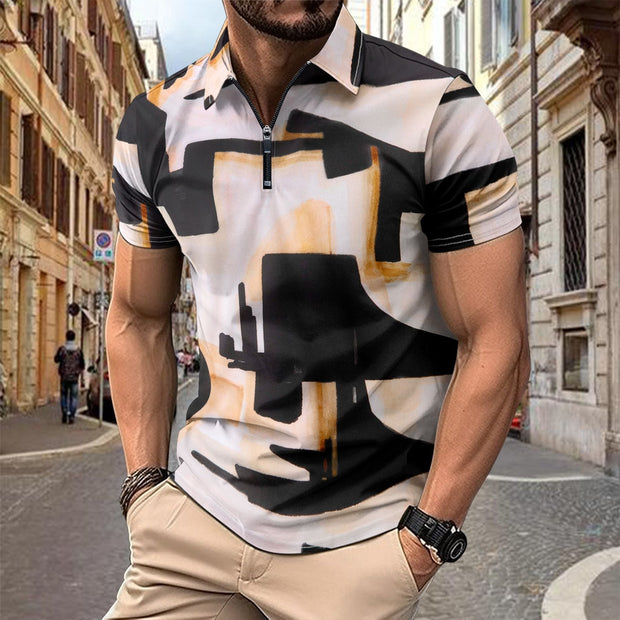 Męska koszula krótki rękaw – Slim Fit – Oddychająca bawełniana mieszanka – Kołnierz z nadrukiem na zamek