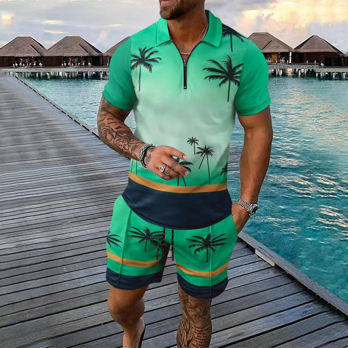 Męski zestaw sportowy – Slim Fit – Oddychający materiał – Zamek błyskawiczny przy kołnierzu – Tropikalny wzór