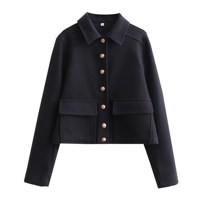 Damska Kurtka Bomber Krótka z Teksturowanym Kołnierzem, Guzikowym Zapięciem i Długimi Rękawami Bomber Jackets Warschau Fashion Czarny S