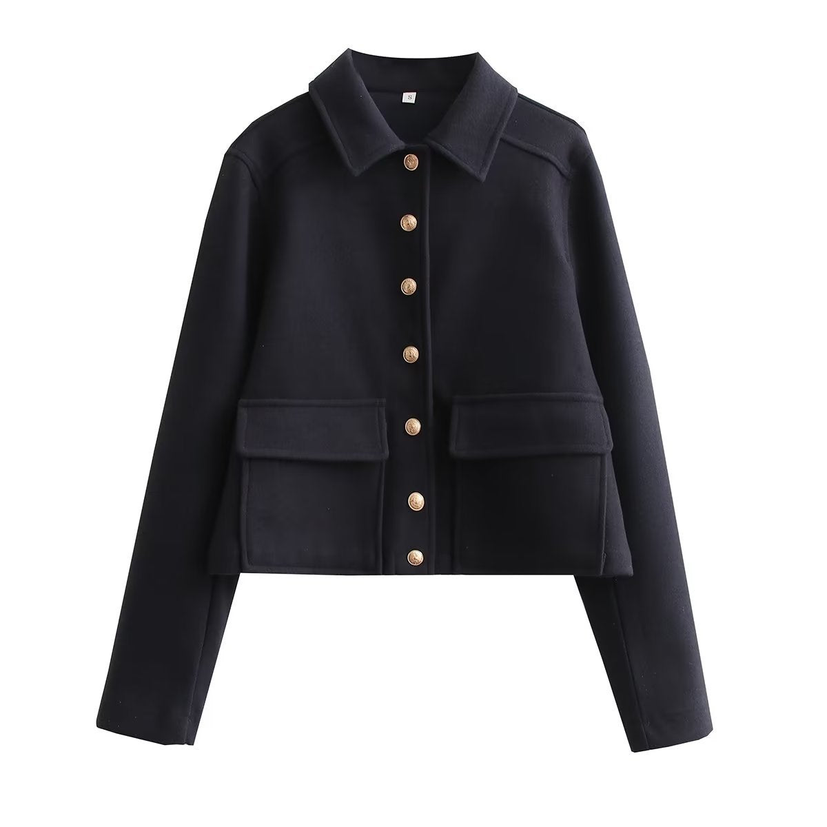 Damska Kurtka Bomber Krótka z Teksturowanym Kołnierzem, Guzikowym Zapięciem i Długimi Rękawami Bomber Jackets Warschau Fashion Czarny S