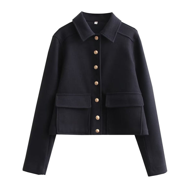 Damska Kurtka Bomber Krótka z Teksturowanym Kołnierzem, Guzikowym Zapięciem i Długimi Rękawami Bomber Jackets Warschau Fashion Czarny S