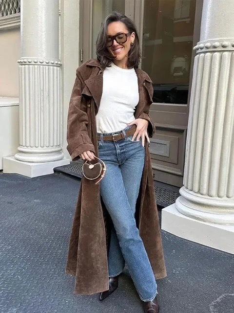 Stylowy Długi Płaszcz Zamszowy Camilla Trench Coat Women Warschau Fashion Ciemny Brąz S