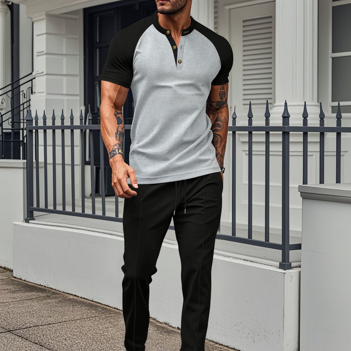 Męska koszula krótki rękaw – Slim Fit – Oddychająca – Raglanowe rękawy – Zapięcie na guziki